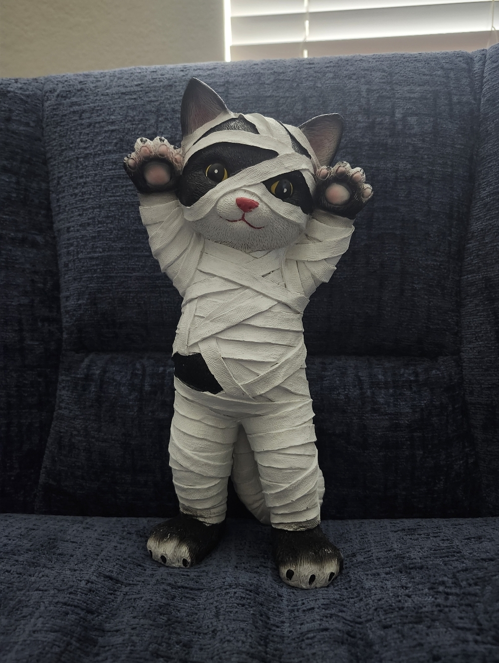 Mummy Cat Figure - White and Black Decorative Halloween Figure